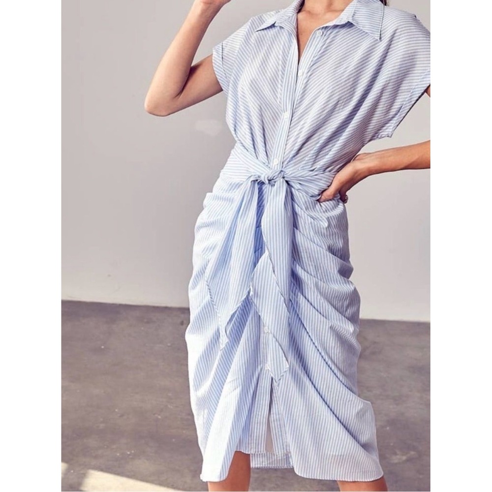 DO+BE Blue White Striped Tie Front Shirt Dress Midi Coastal Preppy M